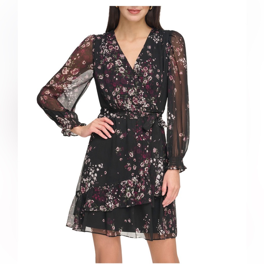 DKNY Women's Long-Sleeve V-Neck Asymmetric-Ruffle A-Line Dress